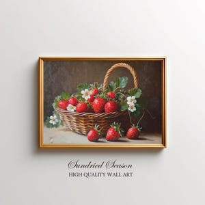 Poster con natura morta di cesto di fragole, decorazione rustica per la parete della cucina, arredamento country-farmhouse, stampa di frutta fresca, opera d'arte botanica vintage