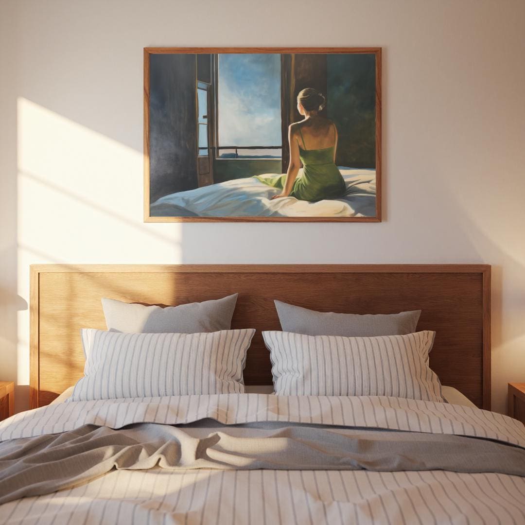 油彩画 よく眠れる寝室 孤独な女性の絵画、雰囲気のある寝室のアート、ヴィンテージミッド