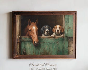 Country Stable Companions Art Print, Horse and Two Dogs Portrait, Cozy Farm Animal Gallery Wall Decor, Rustic Cottagecore Home Painting