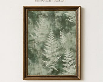 Stampa vintage di felci nei toni della salvia e del verde foresta, delicata decorazione murale botanica per una camera da letto naturale, regalo per amanti delle piante o accogliente arredamento organico per la casa.