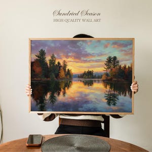 Adirondack Lake Sunset Painting Print, Autumn Forest Reflection Wall Art, Serene Mountain Landscape Poster for Bedroom or Office Decor