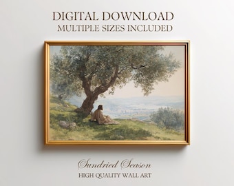 Christus onder de olijfboom digitale kunstprint, vreedzame Jezus op het platteland, inspirerend christelijk muurdecor voor thuis, op kantoor of in de gebedsruimte