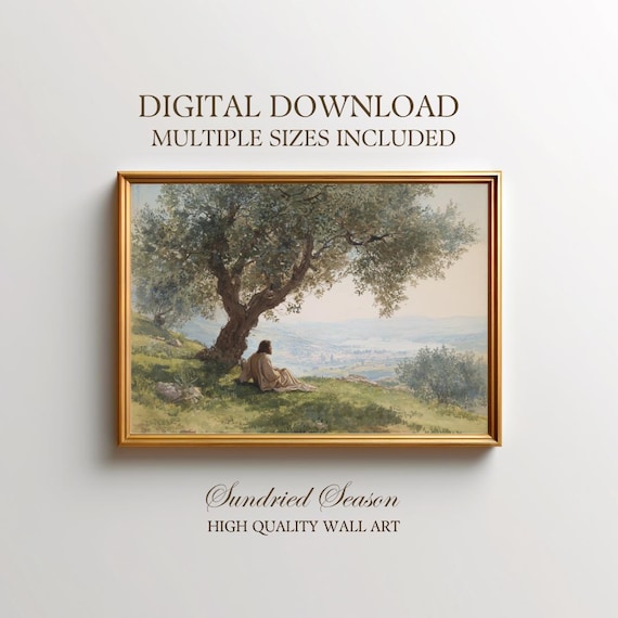 Christ Under Olive Tree Digital Art Print, Peaceful Jesus in