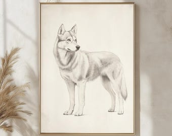 Siberian Husky Sketch Art Print, Elegant Dog Living Decor, Vintage Canine Illustration, Minimalist Wolf Dog Wall Decor for Home & Office