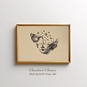 Aquarius Zodiac Art Print, Surreal Astrology Water Bearer Illustration, Celestial Head Pouring Stars, Boho Magical Wall Decor for Home Space image 1