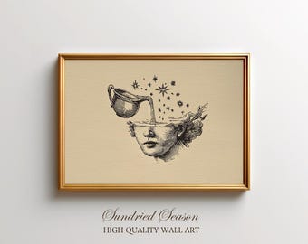 May include: A framed print featuring a surreal illustration. A classical bust has a cup pouring stars into its open head. The artwork is in black and white with a gold frame. The text "Sundried Season" and "HIGH QUALITY WALL ART" are at the bottom.