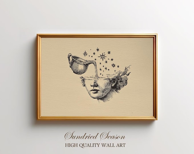 Aquarius Zodiac Art Print, Surreal Astrology Water Bearer Illustration, Celestial Head Pouring Stars, Boho Magical Wall Decor for Home Space