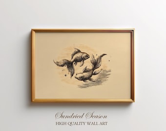 Vintage Pisces Zodiac Art Print, Celestial Twin Fish Illustration with Stars, Boho Magical Astrology Decor for Bedroom or Bathroom Wall