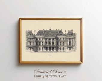 May include: A framed architectural print of a grand building with intricate details. The artwork is in black and white, set against a cream background, and framed in gold. The text "Sundried Season" and "HIGH QUALITY WALL ART" are at the bottom.
