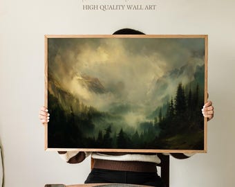 Väggkonsttryck med regnskog i Hoh, stämningsfullt landskap i nordvästra Stilla havet, dimmig skogsnaturposter för vardagsrum, kontor eller stugdekor