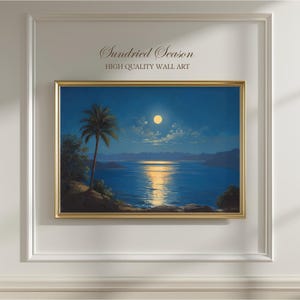 Impresión artística de costa tropical iluminada por la luna, decoración de pared con reflejo de luna llena en el océano, póster de paisaje nocturno azul sereno para dormitorio u oficina.