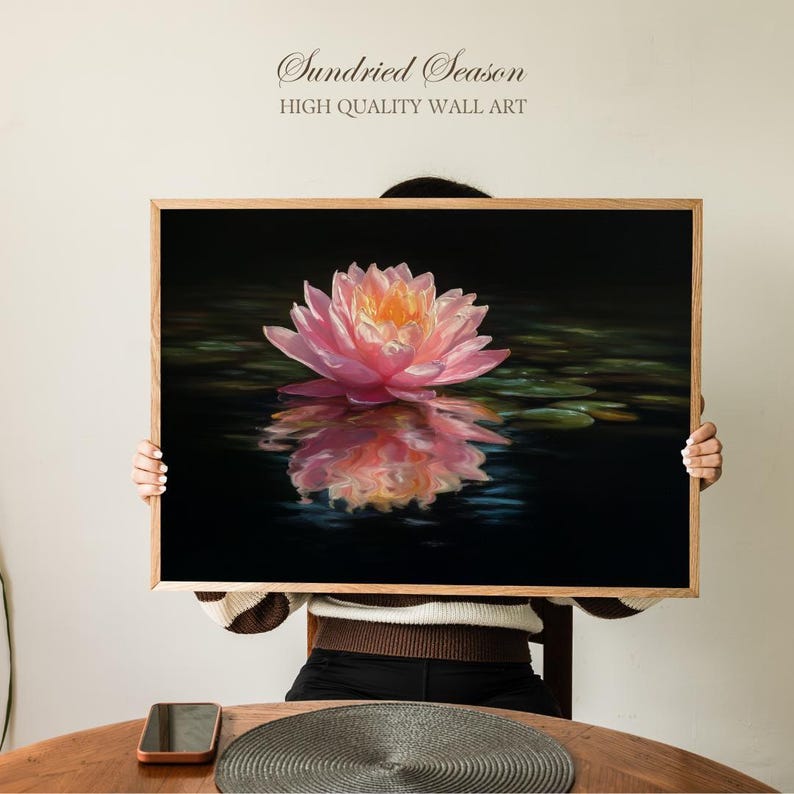 Pink Lotus Flower Pond Art Print, Tranquil Zen Water Lily Wall Decor ...