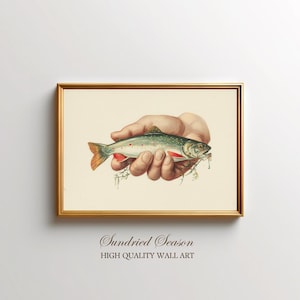 impression d'art vintage omble de fontaine, main tenant une illustration de poisson, décoration murale rustique de pêche à la mouche, auberge nature ou cadeau de cabane pour les pêcheurs