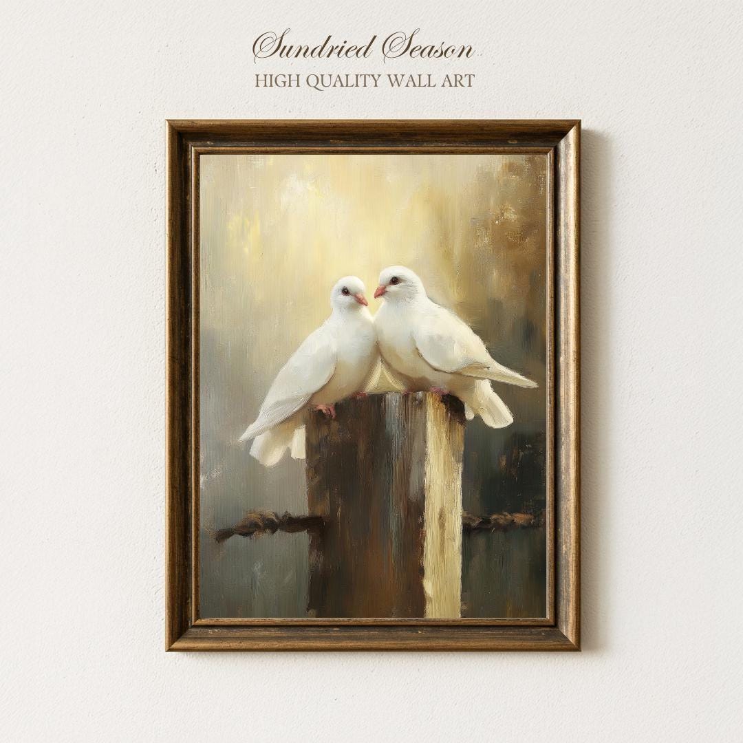 Romantic White Doves Poster, Vintage Bird Wall Art, Soft