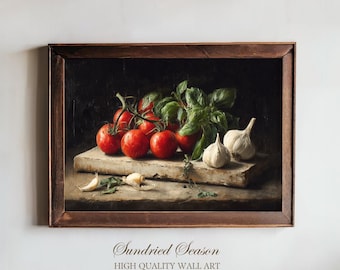Tomato Garlic Basil Still Life Art Print, Rustic Kitchen Wall Decor, Italian Farmhouse Food Painting Poster for Dining Room or Pantry