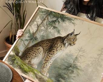 Vintage Lynx Art Print, Vintage Forest Wildlife Illustration from Northern Europe, Rustic Eurasian Big Cat Decor for Cabin Home or Cottage