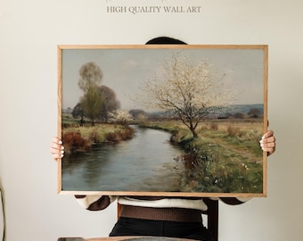Avon Valley Wall Art Print, Wiltshire River & Early Spring Blossom Meadow, Vintage Landscape Oil Painting, Cottagecore Farmhouse Living Room