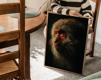 Japanese Macaque Portrait Art Print, Dark Snow Monkey Poster, Bold Animal Decor for Rustic Natural History Living Room, Study Gallery Wall