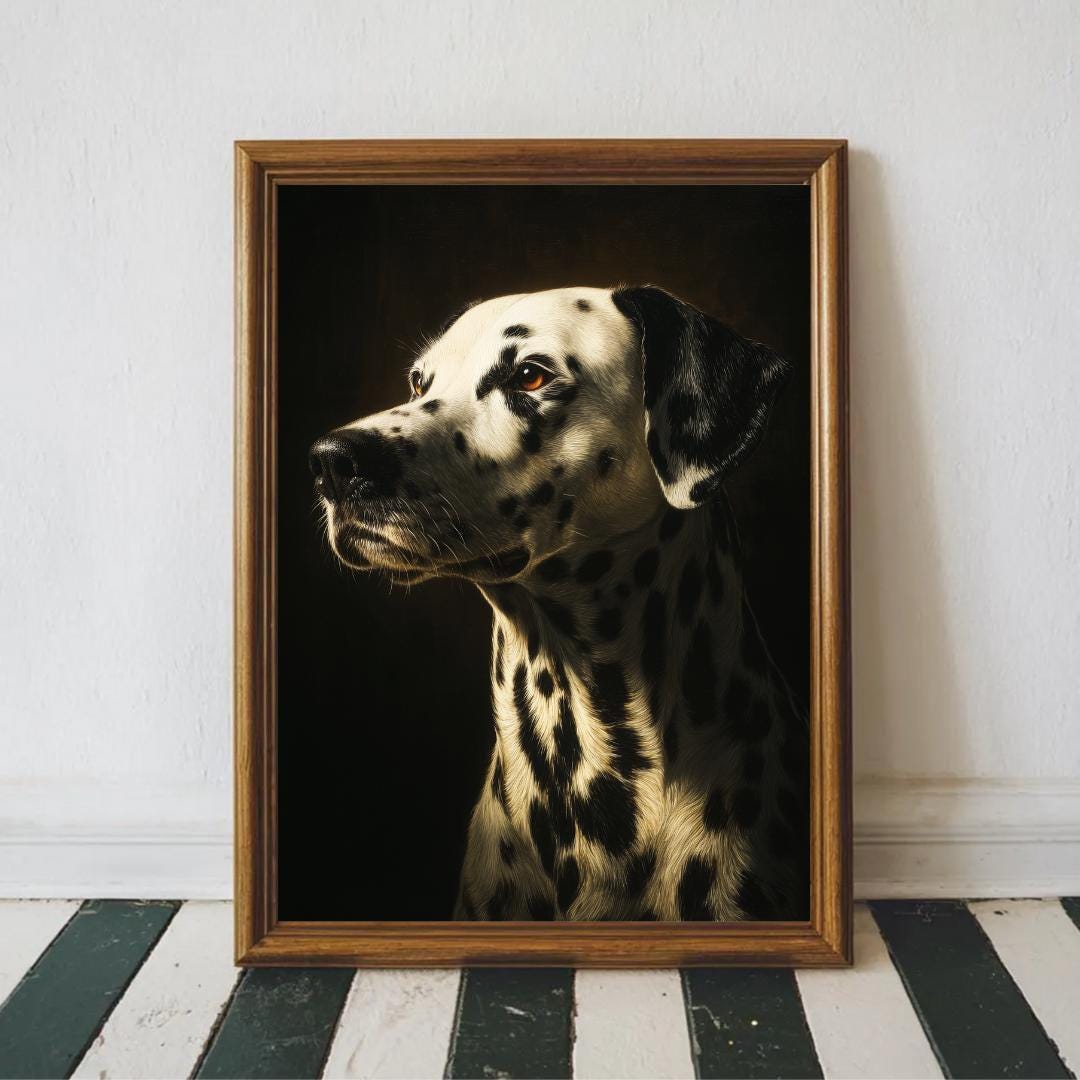額装品/Dalmation Puppy/アノニマス/ポスター/アート/インテリア Classic Dalmatian Dog Print, Regal Spotted Pet Wall Art, Moody