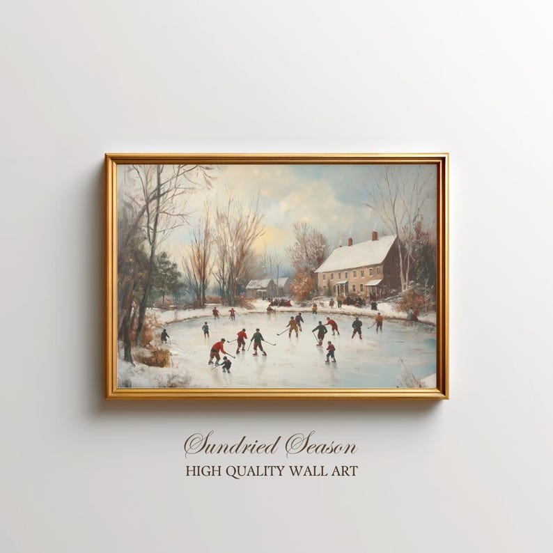 Vintage Winter Ice Skating Art, Nostalgic Holiday Art Print, Snowy Pond Hockey Painting, Cozy Christmas Wall Decor, Rustic Country Artwork image 5