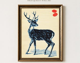 Vintage Deer Art Print, Retro Japanese Style Forest Animal Poster, Minimalist Antler Wall Decor for Cabin, Nursery or Gift, Rustic Woodland
