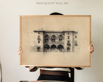 Stampa architettonica del Palazzo dell'Alhambra, archi e balconi moreschi storici, arte murale di architettura islamica vintage, parete della galleria dell'ufficio