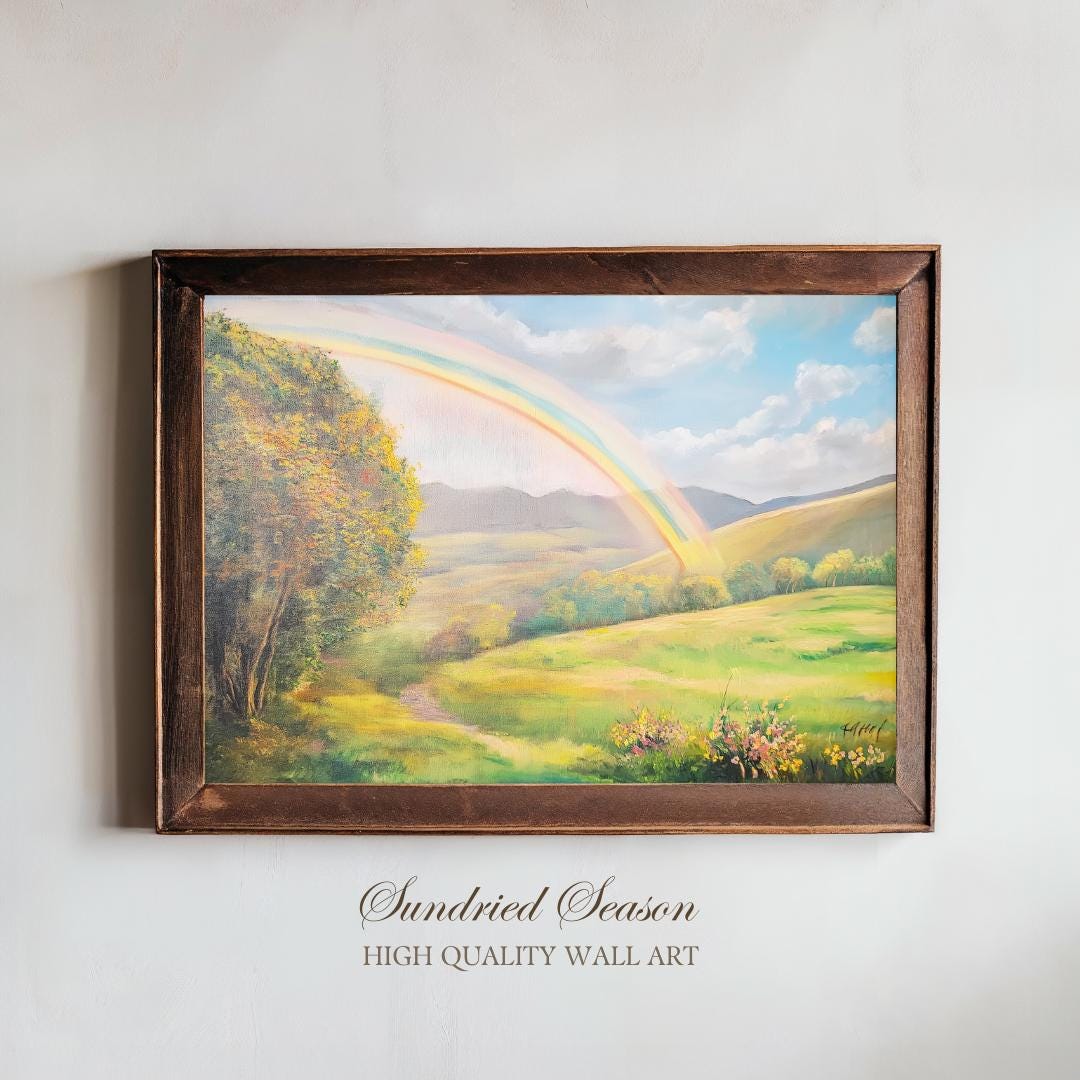 なだらかな丘の上の虹のアートプリント、穏やかな風景画、平和な自然の