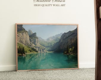 Lake Oeschinen Wall Art Print, Swiss Alps and Turquoise Bernese Oberland Mountain Lake, Vintage Landscape Painting, Minimalist Living Room