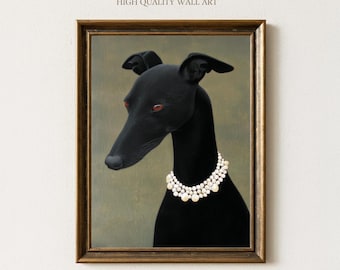 Schwarzer Greyhound Hund Wandkunst, Vintage Mid-Century Haustier Porträt Druck mit Perlen, modernes Whippet-Dekor, Galeriewand, Wohnzimmer oder Büro