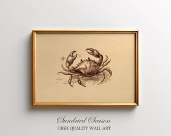 Vintage Cancer Zodiac Art Print, Celestial Crab Illustration with Stars, Boho Magical Astrology Decor for Bedroom or Bathroom Wall