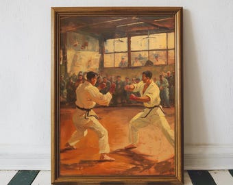 Vintage Karate Art Print, Classic Martial Arts Fight Scene, Dojo Training Retro Sports Wall Decor, Traditional Fighter Artwork Painting
