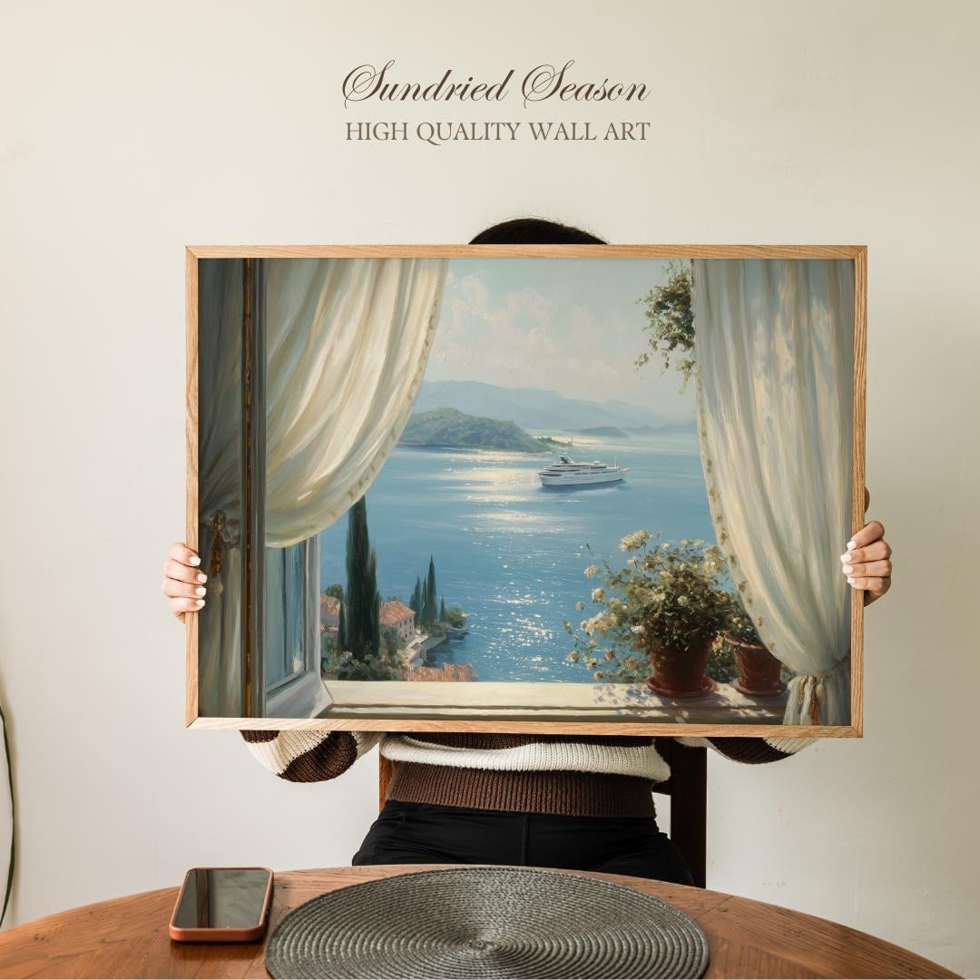 Mediterranean Villa Sea View Art Print, Summer Window Luxury Yacht ...