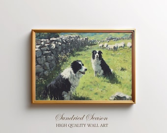 Border Collies Watching Sheep Art Print, Rustic Farm Dog Painting, Classic Countryside Wall Decor for Cottage, Barn or Animal Lover’s Home
