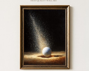 Op de afbeelding: Een ingelijste kunstafdruk met golfthema. Het kunstwerk toont een golfbal op een zanderige ondergrond, verlicht door een lichtstraal tegen een donkere achtergrond. De lijst is warm bruin van kleur. De tekst "Sundried Season HIGH QUALITY WALL ART" staat bovenaan.