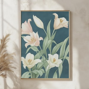 Romantic Lily Flower Art Print, Soft Pastel Botanical Watercolor Painting, Cottagecore Floral Wall Decor for Elegant Home & Office Space
