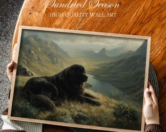 Tibetan Mastiff Wall Art Print, Himalayan Plateau & Tibetan Mountain Valley, Wildlife Painting, Rustic Mountain Dog Portrait for Living Room