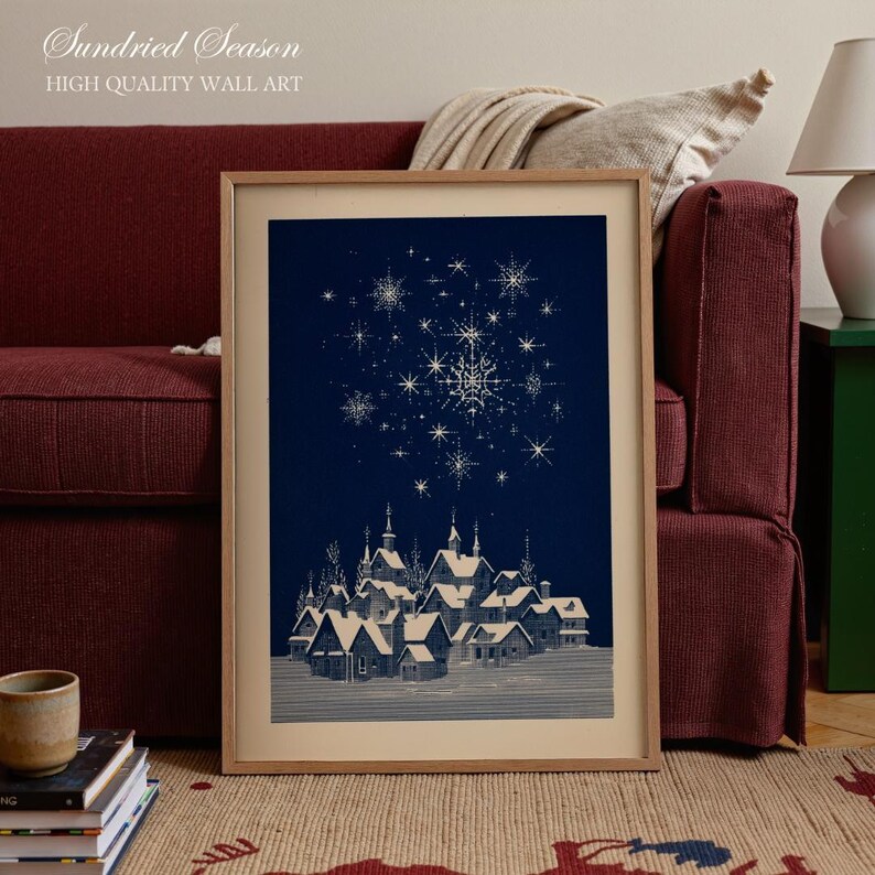 Lámina artística retro de un pueblo invernal de los años 50, lámina navideña de mediados de siglo en marfil y azul marino, arte navideño escandinavo vintage para el salón de tu casa nórdica. imagen 5