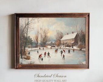 Vintage Winter Ice Skating Art, Nostalgic Holiday Art Print, Snowy Pond Hockey Painting, Cozy Christmas Wall Decor, Rustic Country Artwork