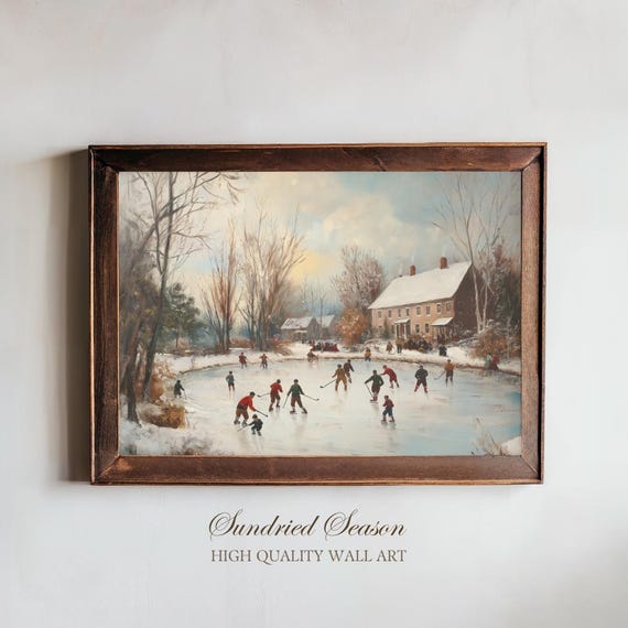 Vintage Winter Ice Skating Art, Nostalgic Holiday Art Print, Snowy Pond Hockey Painting, Cozy Christmas Wall Decor, Rustic Country Artwork