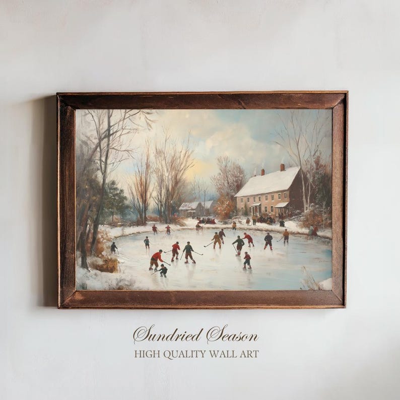 Vintage Winter Ice Skating Art, Nostalgic Holiday Art Print, Snowy Pond Hockey Painting, Cozy Christmas Wall Decor, Rustic Country Artwork image 1