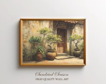 Puede incluir: Una impresión enmarcada de una pintura que representa una escena de patio con una puerta de madera, plantas en macetas y pequeños árboles. La obra de arte tiene una paleta de colores cálidos. El texto "Sundried Season" y "HIGH QUALITY WALL ART" está en la parte inferior del marco.