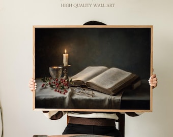 May include: A framed wall art print featuring a still life with a lit candle, open book, and antique silver chalice. The artwork includes a sprig of red berries and a pair of eyeglasses. The text "Sundried Season" and "HIGH QUALITY WALL ART" are visible.