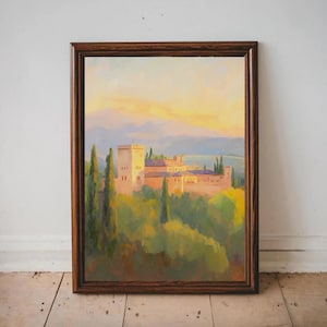 Alhambra Palace Sunset Art Print, Romantic Moorish Architecture Painting, Warm Granada Landscape Wall Decor for Living Room or Study image 1