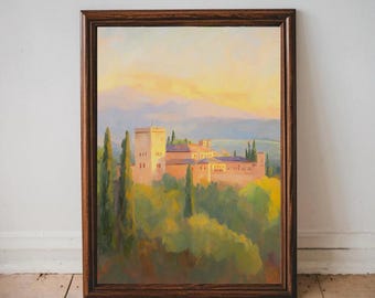 Alhambra Palace Sunset Art Print, Romantic Moorish Architecture Painting, Warm Granada Landscape Wall Decor for Living Room or Study