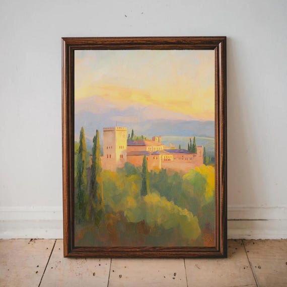 Alhambra Palace Sunset Art Print, Romantic Moorish Architecture Painting, Warm Granada Landscape Wall Decor for Living Room or Study