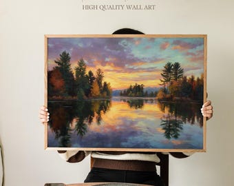 Adirondack Lake zonsondergang schilderij print, herfst bos reflectie kunst aan de muur, serene berglandschap poster voor slaapkamer of kantoorinrichting