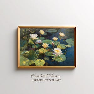 Impressionist Water Lily Pond Art Print, Blooming Floral Nature Wall Decor, Zen Botanical Lotus Painting for Bedroom or Spa Retreat
