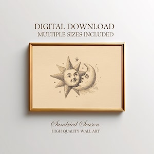 May include: Framed wall art featuring a vintage illustration of the sun and moon with smiling faces. The artwork is in a gold frame and includes the text "DIGITAL DOWNLOAD MULTIPLE SIZES INCLUDED" and "Sundried Season HIGH QUALITY WALL ART."