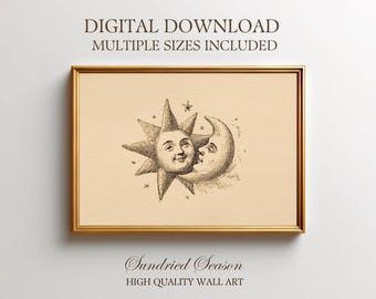 Vintage zon en maan kus digitale download Art Print, romantische hemelse liefhebbers illustratie, grillige nachtelijke hemel astrologie decor, slaapkamer