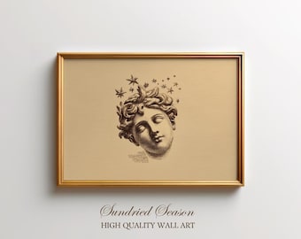 Vintage Greek Marble Bust Print, Celestial Mythology Art with Stars, Whimsical Cosmic Decor for Bedroom Wall Art, Dark Academia Office Decor